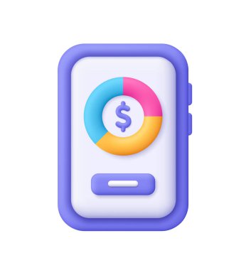 Cep telefonu ekranında turta şeması ve ortasında mor dolar işareti var. Finans ve iş analizi, bütçe ve yatırım konsepti. 3d vektör simgesi. Çizgi film biçimi.