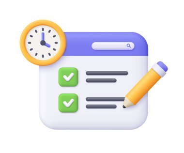 Yeşil işaretli web sayfası, sarı kalem ve saat. Görev yönetimi, planlama, verimlilik, son teslim tarihi, liste ve zaman yönetimi kavramı. Çizgi film biçimi.