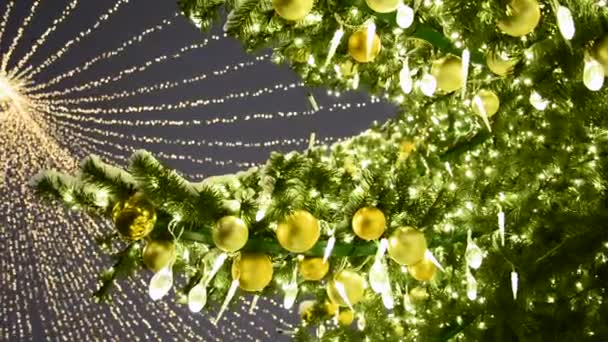 En vy över en gren av en julgran dekorerad med gyllene bollar och lysande kransar som är på gatan. — Stockvideo