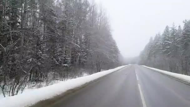 Widok przez przednią szybę poruszającego się samochodu na drodze w zimowym lesie śnieżnym. Koncepcja transportu, krajobraz. — Wideo stockowe