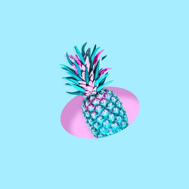 Çağdaş kolaj. Mavi arka planda pembe bir delikten bir ananas uçar.
