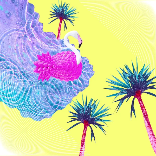 Современный Коллаж Иллюстрация Розовый Фламинго Плавает Воде Пальмами Лето Концепция — стоковое фото