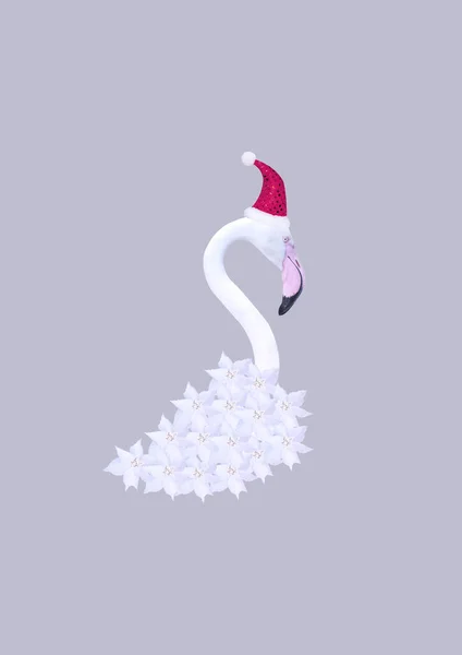Současná Koláž Ilustrace Abstraktní Vánoční Pozadí Bílými Plameňáky Červené Čepici — Stock fotografie