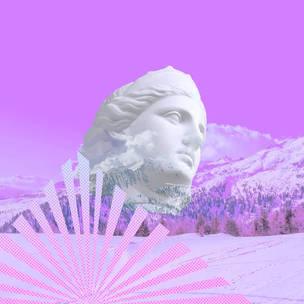 Contemporary collage. Greek goddess against the background of snow-capped mountains
