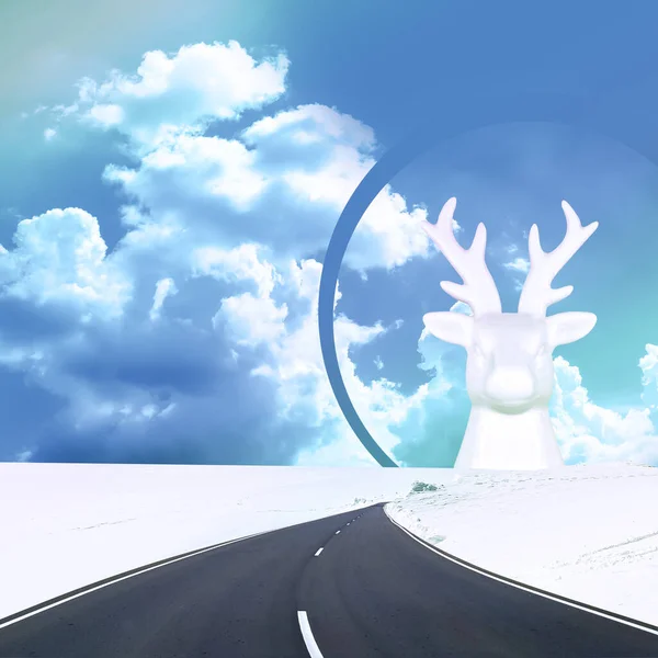 Illustration Christmas Background White Deer Snow Backdrop Road Sky Clouds — Stock Photo, Image