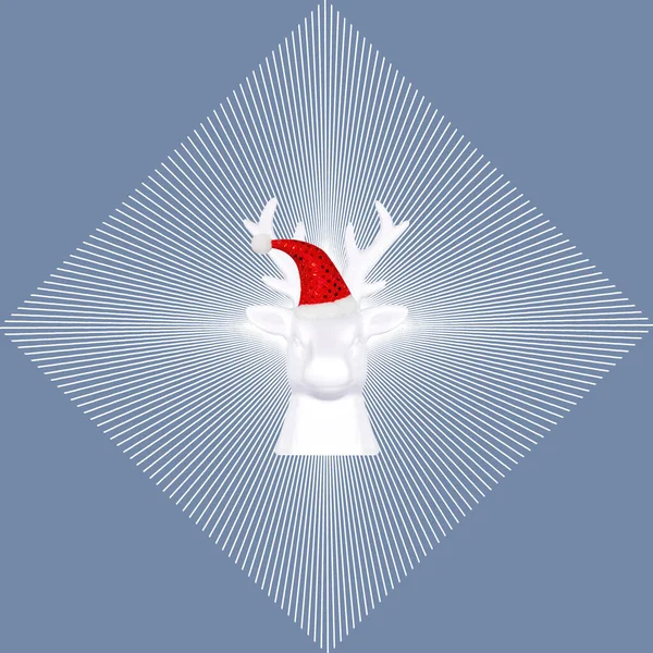 Σύγχρονο Κολάζ Απεικόνιση Χριστουγεννιάτικο Φόντο Ένα Λευκό Ελάφι Κόκκινο Καπάκι — Φωτογραφία Αρχείου