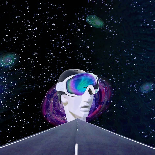 Contemporary collage. 3D illustration. A sculpture of a man in a helmet and glasses looks at an empty road into space. Art, surrealism concept