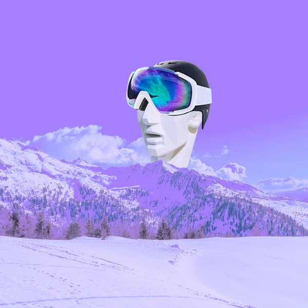 Colagem Contemporânea Homem Óculos Sol Capacete Fundo Montanhas Cobertas Neve — Fotografia de Stock