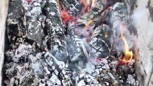 숯불이 된 광주리에 장작을 태우고 노는 모습. — 비디오