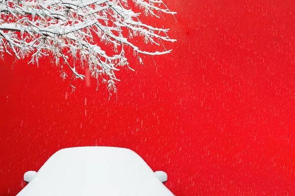 Вид Снежной Ветки Дерева Автомобиля Фоне Красной Стены Время Снегопада — стоковое фото