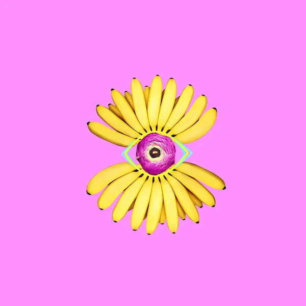 当代拼贴 迷人的眼睛由黄色的香蕉和花朵做成 背景是粉红色的 概念抽象 — 图库照片