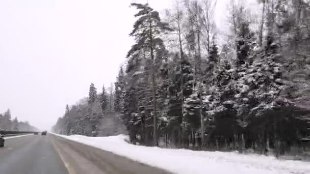 Rusland. Moskou. 31.01.2021 Uitzicht door de voorruit van een auto op de Yaroslavl snelweg in de winter met sneeuw. — Stockvideo