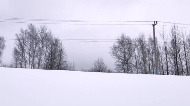 移動する車の側面窓から冬の巨大な雪のドリフトや木々の景色. — ストック動画