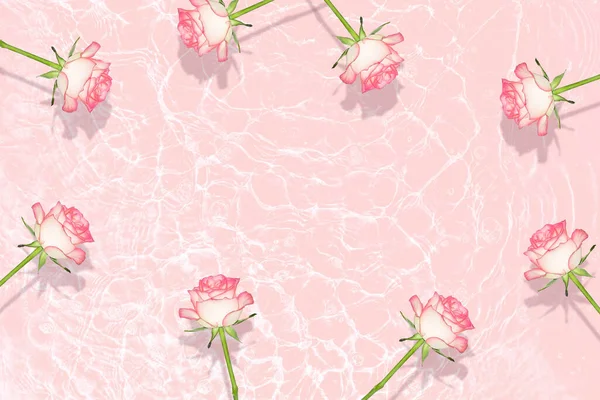Composition Plate Fleurs Roses Roses Sur Surface Eau Avec Des — Photo