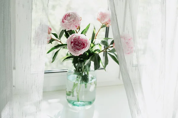 Вид Букет Розовых Пионов Стоящих Вазе Окне Фон Концепции Цветы Стоковое Фото