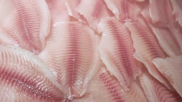 Філе свіжої риби тілапії лежать на лічильнику льоду в магазині під охолоджуючим спреєм ... — стокове відео