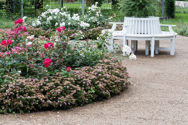 白いベンチ 砂利道 花壇がある地元の風景 — ストック写真