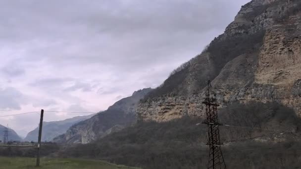 Blick durch die Seitenscheibe des Autos am Straßenrand in die Berge und Kühe bei trübem Wetter. — Stockvideo