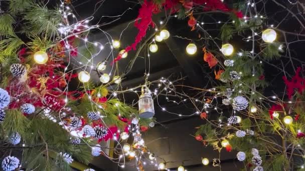 Weihnachtsdekoration mit Lichterkranz, Zapfen, Fichtenzweigen und Kugeln vor dem Eingang zum Gebäude. — Stockvideo