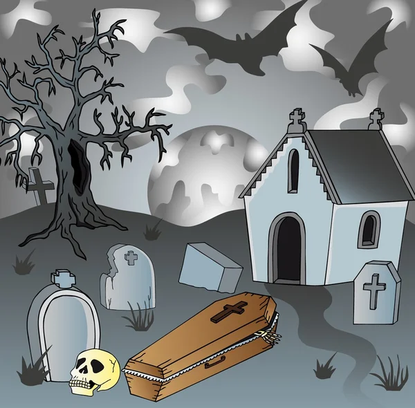 Cenário no cemitério com caixão — Vetor de Stock