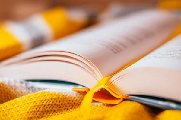 Caída flatlay con suéter acogedor y libro — Foto de Stock