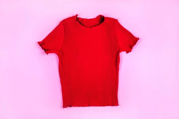 Fashion Flatlay Red Ribbed Top Isolated Pink Background — Stock Photo, Image