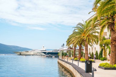 Tivat, Karadağ - 5 Eylül 2021: Porto Karadağ 'da özel bir marina ve yat cennetinin güzel manzarası.