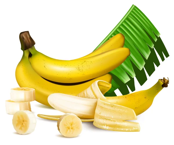 Banane gialle mature con fette e foglie . — Vettoriale Stock