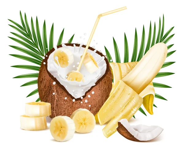 Cocco con spruzzi di latte e fette di banane . — Vettoriale Stock