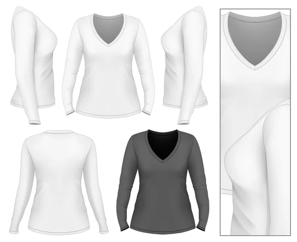 Mulheres v-pescoço manga comprida t-shirt — Vetor de Stock