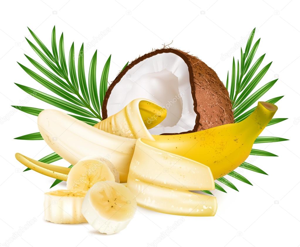 Open ripe  banana  and coconut