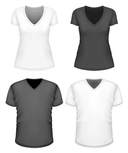 Vrouwen en mannen v-hals t-shirt korte mouw. — Stockvector