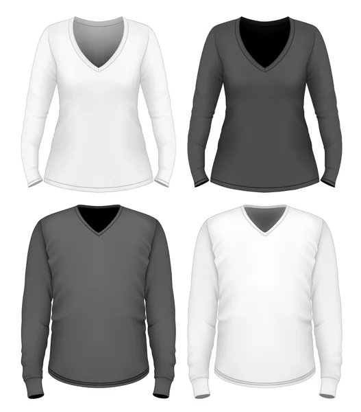 Women and men v-neck t-shirt long sleeve. — Stock Vector