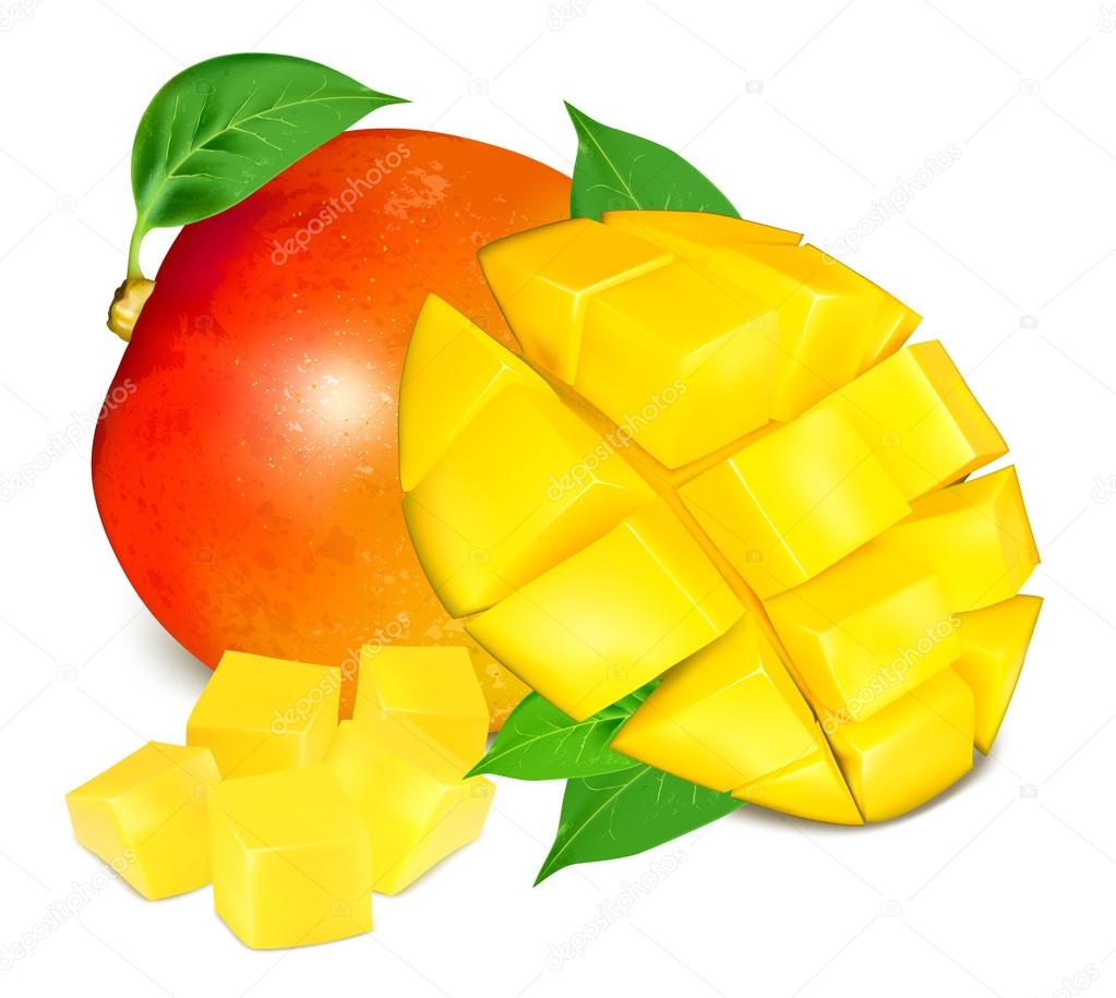 Ripe fresh mango with slices and leaves.