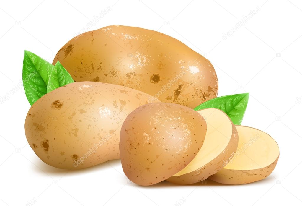 Potatoes with slices and leaves.