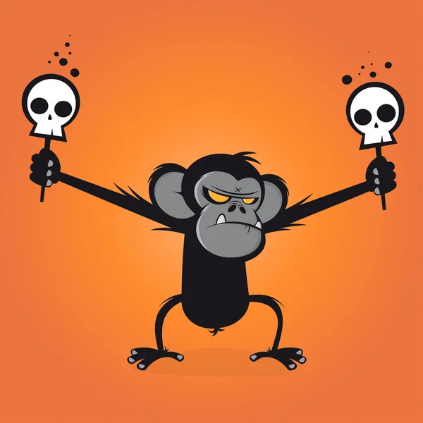 Angry chimp is holding skulls — Stock Vector