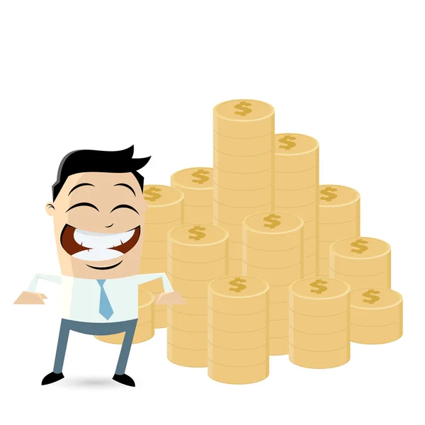 Funny cartoon man with stack of money — Stock Vector