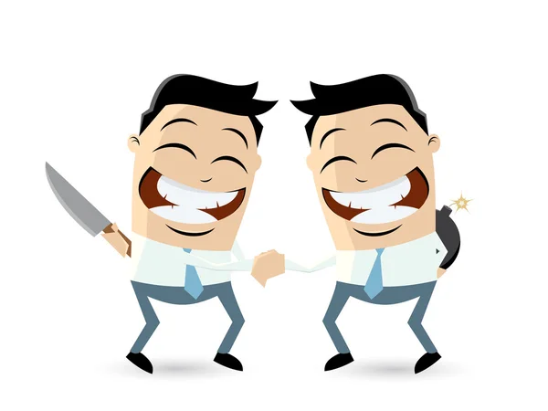 Handshaking rivals with weapons behind — Stock Vector