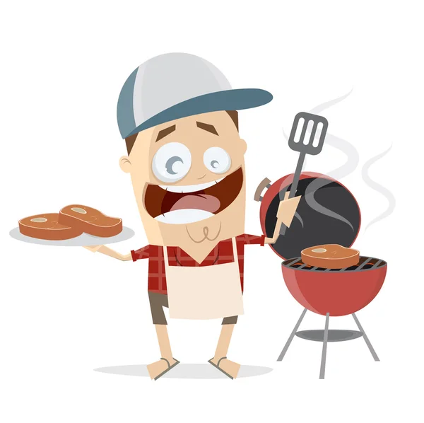 Divertente uomo dei cartoni animati con bistecche alla griglia e birra — Vettoriale Stock