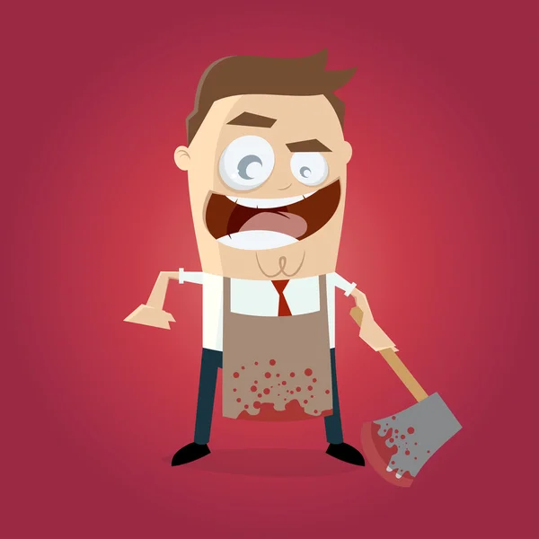 Psychopath with bloody hatchet and apron — Stock Vector