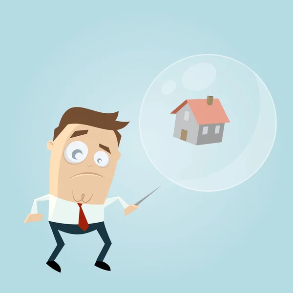 Betrokken zakenman met woonhuis in een soapbubble en een naald — Stockvector