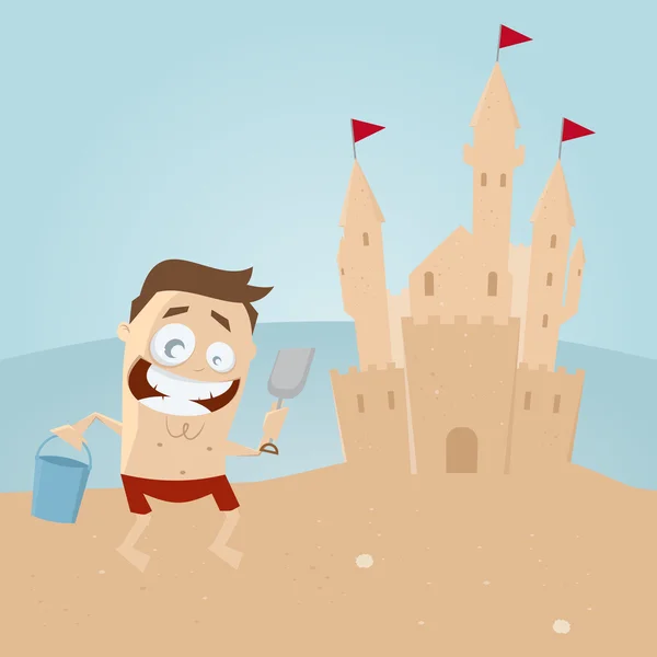 Hombre divertido construyendo un castillo de arena — Vector de stock