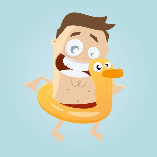 Funny cartoon man with floating duck — Stock Vector