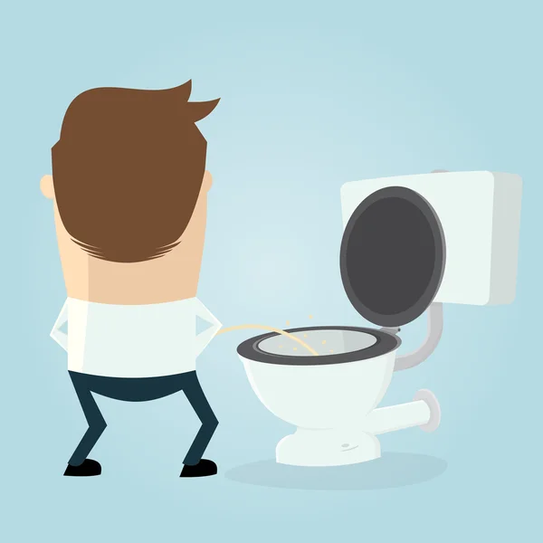 Cartoon man peeing on the toilet seat — Stock Vector