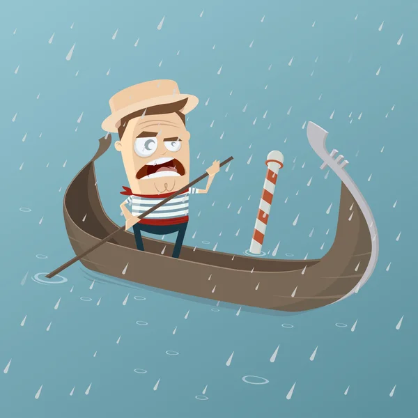 Grumpy venetian gondolier in rainy weather — Stock Vector