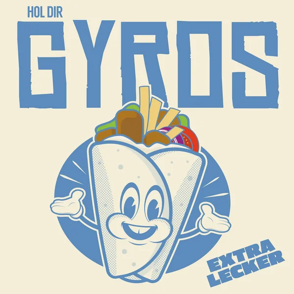 Gyros Drôles Logo Pita Dans Style Dessin Animé Rétro — Image vectorielle