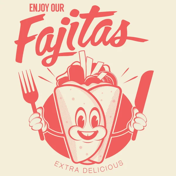 Logo Kartun Retro Dengan Fajita Bahagia - Stok Vektor