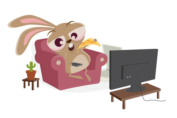 Divertido Conejo Dibujos Animados Está Viendo Televisión Comer Pizza — Archivo Imágenes Vectoriales