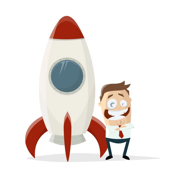 Bir Uzay Roketinin Önünde Duran Mutlu Karikatür Işadamı — Stok Vektör