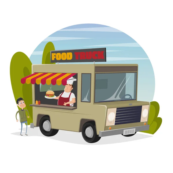 Food Truck Cartoon Illustration Happy Chef Serving Burger Hungry Man — Stock Vector